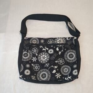 Thirty-One Messenger Travel Paisley Black White Floral Work Tote